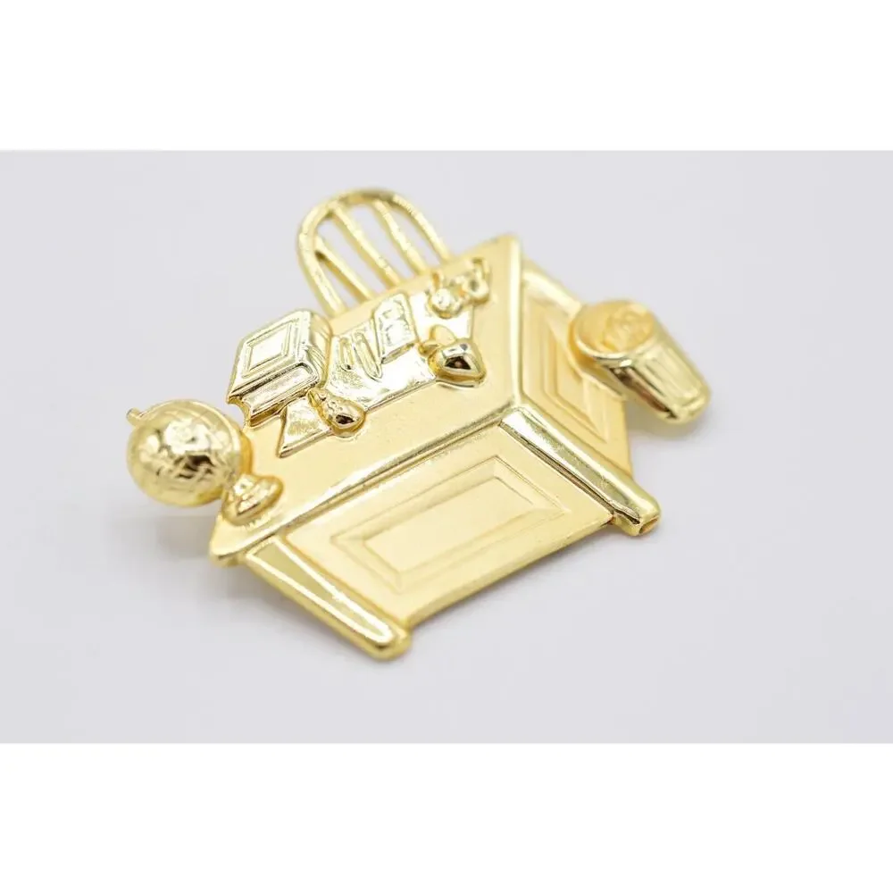 JJ Vintage Teacher Desk Pin Brooch Brushed Gold Professor Globe Signed 1980s 9B